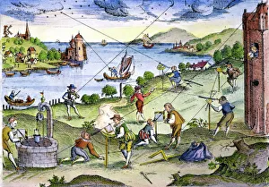 SURVEYORS. Surveyors at work on land and sea. Colored German engraving, 1594 SURVEYORS. Surveyors at work on land and sea. Colored German engraving, 1594