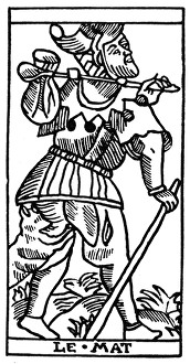 TAROT CARD: THE FOOL. The Fool (Atonement). Woodcut, French, Marseille, 16th century TAROT CARD: THE FOOL. The Fool (Atonement). Woodcut, French, Marseille, 16th century