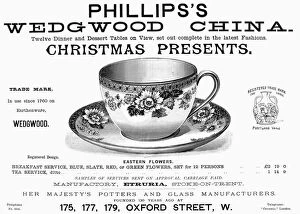 Porcelain Collection: TEA CUP, 1890. English newspaper advertisement for Phillips Wedgwood China, 1890