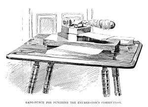 Prints of CENSUS MACHINE, 1890. Gang-punch devised by Herman Hollerith for the statistical tabulation of the Eleventh U.S. Census of 1890 Herman Hollerith Prints: Print of the CENSUS MACHINE, 1890 Gang-punch