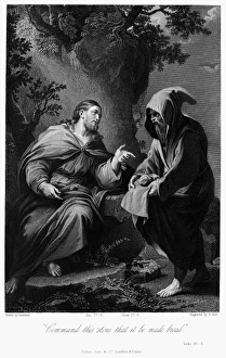 TEMPTATION OF CHRIST. Christ tempted in the wilderness. Steel engraving after the TEMPTATION OF CHRIST. Christ tempted in the wilderness. Steel engraving after the