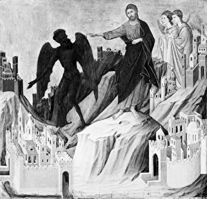 TEMPTATION OF CHRIST. Oil on panel, 1308-1311, by Duccio di Buoninsegna (c1255-1319) TEMPTATION OF CHRIST. Oil on panel, 1308-1311, by Duccio di Buoninsegna (c1255-1319)