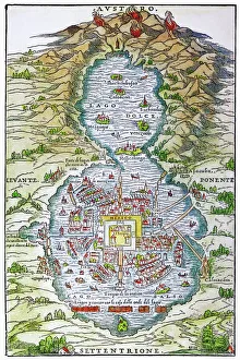 TENOCHTITLAN (MEXICO CITY) at the time of the Spanish Conquest: colored woodcut, 1556 TENOCHTITLAN (MEXICO CITY) at the time of the Spanish Conquest: colored woodcut, 1556