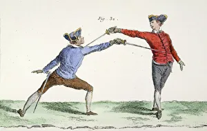 A thrust in epee or foil fencing. Copper engraving, French, mid-18th century A thrust in epee or foil fencing. Copper engraving, French, mid-18th century