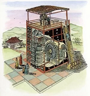 ChineseArt Collection: tower built in the 11th century. Water-driven gears rotate an armillary sphere and a celestial globe