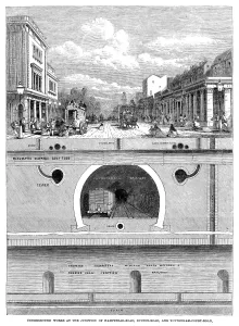 Victorian Era Transportation Prints: UNDERGROUND RAILWAY, 1864. Cross-section of the underground freight railway, sewers