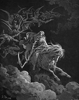 VISION OF DEATH. Vision of Death (on a pale horse), Revelation 6:8. Wood engraving after Gustave Dor VISION OF DEATH. Vision of Death (on a pale horse), Revelation 6:8. Wood engraving after Gustave Dor