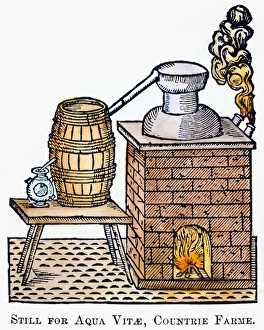 WHISKEY STILL, 1616. Woodcut, English, 1616 WHISKEY STILL, 1616. Woodcut, English, 1616