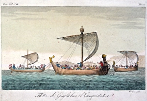 Medieval Maritime Art Prints: WILLIAM THE CONQUEROR (1027?-1087). The kings fleet; copper engraving, Italian, c1800