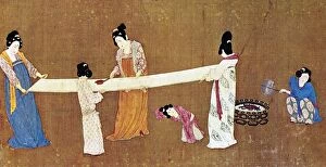 ChineseArt Collection: Women ironing a completed bolt of silk cloth. Detail from Court Ladies Preparing Newly-woven Silk