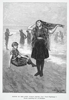 WOMEN'S FASHION, 1886. Bathers at Ocean Grove, New Jersey. Wood engraving, 1886, after a painting by C.S. Reinhart WOMEN'S FASHION, 1886. Bathers at Ocean Grove, New Jersey. Wood engraving, 1886, after a painting by C.S. Reinhart
