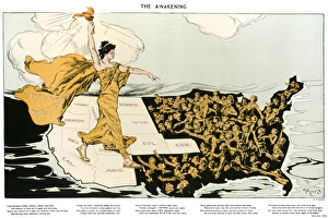 WOMEN'S SUFFRAGE, 1915. The Awakening. American cartoon, 1915, by Henry Mayer, showing an allegorical representation of the suffrage cause striding across the western states, where women already had the right to vote, toward the east, where women are reaching out to her. Printed below the cartoon is a poem by Alice Duer Miller WOMEN'S SUFFRAGE, 1915. The Awakening. American cartoon, 1915, by Henry Mayer, showing an allegorical representation of the suffrage cause striding across the western states, where women already had the right to vote, toward the east, where women are reaching out to her. Printed below the cartoon is a poem by Alice Duer Miller