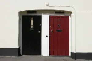 Images Dated 2007: Red and Black Doors Print, Cornwall Village Scene
