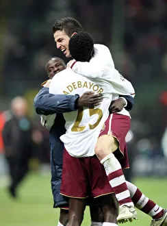 Cesc Fabregas celebrates with Emmanuel Eboue and Emmanuel Adebayor Cesc Fabregas celebrates with Emmanuel Eboue and Emmanuel Adebayor