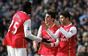 Eduardo celebrares scoring the 2nd Arsenal goal with Cesc Fabregas and Emmanuel Adebayor Eduardo celebrares scoring the 2nd Arsenal goal with Cesc Fabregas and Emmanuel Adebayor