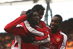 Emmanual Adebayor celebrates scoring the Arsenal goal Emmanual Adebayor celebrates scoring the Arsenal goal
