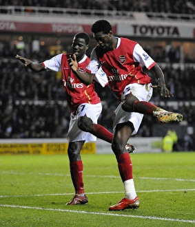 Emmanuel Adebayor celebrates scoring his 2nd and Arsenals 5th goal of the match with Emmanuel Adebayor celebrates scoring his 2nd and Arsenals 5th goal of the match with
