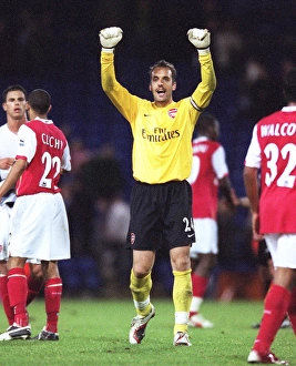 Manuel Almunia (Arsenal) celebrates in front of the Arsenal fans Manuel Almunia (Arsenal) celebrates in front of the Arsenal fans