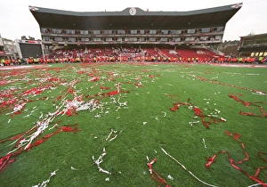 Streamers on the pitch in front of the Clock End after the ceremony Streamers on the pitch in front of the Clock End after the ceremony