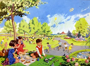 Infant School Illustrations 1950s UK parks playing picnics hoops Enid Blyton Infant School Illustrations 1950s UK parks playing picnics hoops Enid Blyton