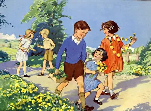 Infant School Illustrations 1950s UK picking flowers Enid Blyton Infant School Illustrations 1950s UK picking flowers Enid Blyton