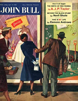 John Bull 1956 1950s UK couples window shopping dresses tools magazines clothing clothes John Bull 1956 1950s UK couples window shopping dresses tools magazines clothing clothes