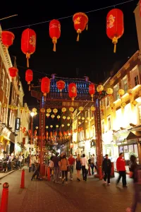 Red lanterns and lights in Chinatown at night