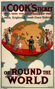 A group of people stand on a red platform around a large globe, studying its surface