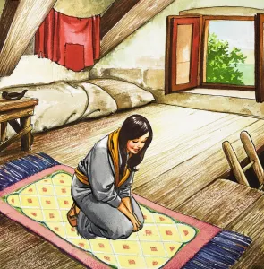 A young girl rides a magic carpet in a comic strip