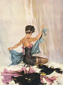 Elegant woman in a silk teddy and stockings, sorting through clothing