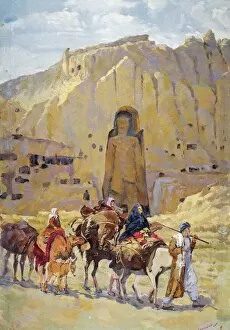 Rock Face Collection: Afghan nomad family in front of one of two Buddhas of Bamiyan, 1950, Painting