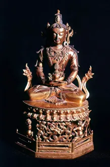 Amitaba Buddha in his manifestation of Boundless Life sitting holding a vessel containing Amitaba Buddha in his manifestation of Boundless Life sitting holding a vessel containing