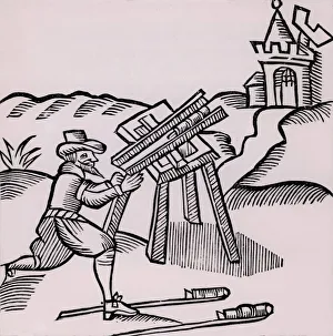 An Artificer or Pyrotechnist firing a rocket. Woodcut from Recreations mathematiques An Artificer or Pyrotechnist firing a rocket. Woodcut from Recreations mathematiques