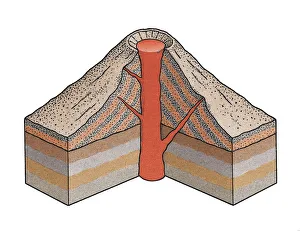 Artwork cross-section diagram of a volcano showing the vent, magma Artwork cross-section diagram of a volcano showing the vent, magma