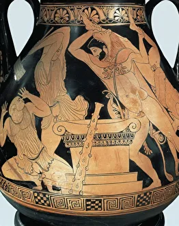 Attic pelike depicting Heracles killing king Busiris and Egyptian priests, by Pan Painter Attic pelike depicting Heracles killing king Busiris and Egyptian priests, by Pan Painter