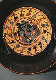Detail of Attic pottery depicting Hercules, Triton and Maenads dancing, 550/530 B.C Detail of Attic pottery depicting Hercules, Triton and Maenads dancing, 550/530 B.C