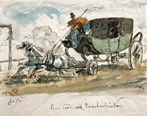 Austria, Stagecoach travel, ink drawing Austria, Stagecoach travel, ink drawing