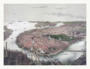 Boston birds eye view from the north by J. Bachmann, circa 1877, US, USA, America Boston birds eye view from the north by J. Bachmann, circa 1877, US, USA, America