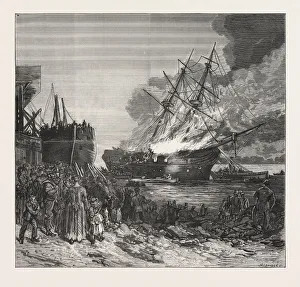Burning of the Marine Societys Training-Ship the Warspite, Off Charlton, Engraving 1876 Burning of the Marine Societys Training-Ship the Warspite, Off Charlton, Engraving 1876