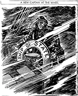 Cartoon depicting US president Franklin Roosevelt steering the ship of state' Cartoon depicting US president Franklin Roosevelt steering the ship of state'
