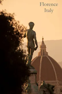 Cathedral and copy of Michelangelo's David statue, Michelangelo square, Florence Cathedral and copy of Michelangelo's David statue, Michelangelo square, Florence