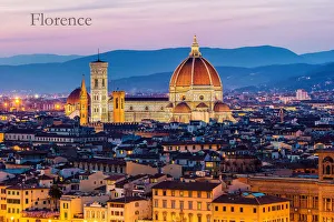 Cityscape and Cathedral and Brunelleschi Dome. Giotto Tower. Sunset. Lights on Florence Cityscape and Cathedral and Brunelleschi Dome. Giotto Tower. Sunset. Lights on Florence