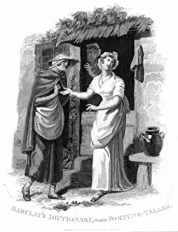 Country girl having her hand read by an itinerant fortune teller Country girl having her hand read by an itinerant fortune teller