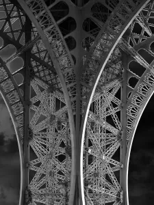 Paris Eiffel Tower Prints: The Eiffel Tower: detail and sky bw