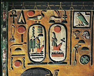 Goddess Hathor offers her necklace to the Pharaoh. Painted relief from a pillar of the tomb of Seth I at Thebes, detail Goddess Hathor offers her necklace to the Pharaoh. Painted relief from a pillar of the tomb of Seth I at Thebes, detail