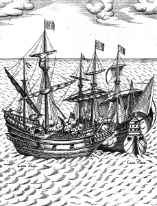 Prints of The capture of the Cacafuego, the Spanish treasure-ship, by Sir Francis Drake 1579 in the vicinity of Esmeraldas, Ecuador Plymouth Prints: Print of The Capture of the Cacafuego