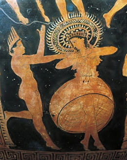 Italy, Apulia, Detail of Krater (vase used to mix wine and water) depicting a dance scene Italy, Apulia, Detail of Krater (vase used to mix wine and water) depicting a dance scene