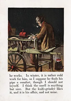 Itinerant Knife Grinder sharpening blade by turning grindwheel with treadle. Red
