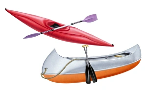 Kayak and Canadian canoe with paddles Kayak and Canadian canoe with paddles