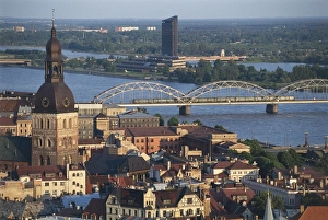 Latvia, Aerial view of Riga with Doma Cathedral and new bridge over Dvina River Latvia, Aerial view of Riga with Doma Cathedral and new bridge over Dvina River